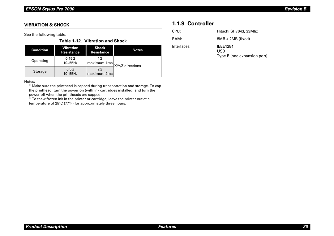 Epson 7000 service manual Controller, Vibration & Shock, Vibration and Shock, Condition Vibration Shock 