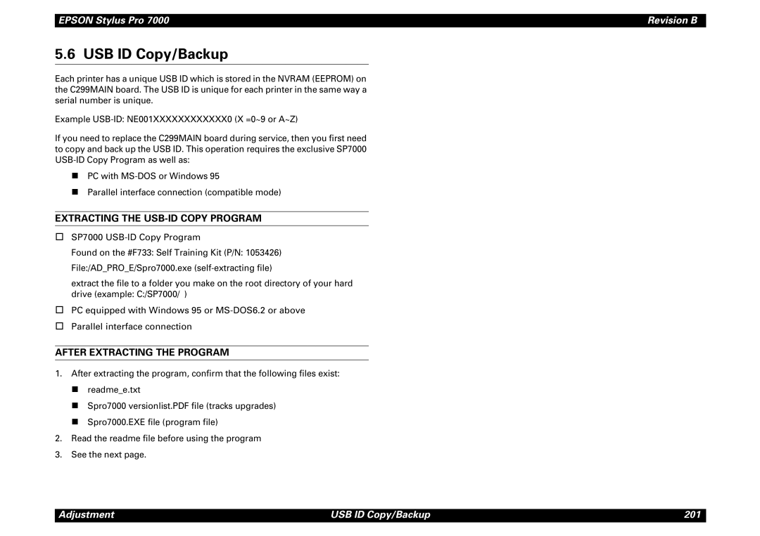 Epson 7000 service manual USB ID Copy/Backup, Extracting the USB-ID Copy Program, After Extracting the Program 