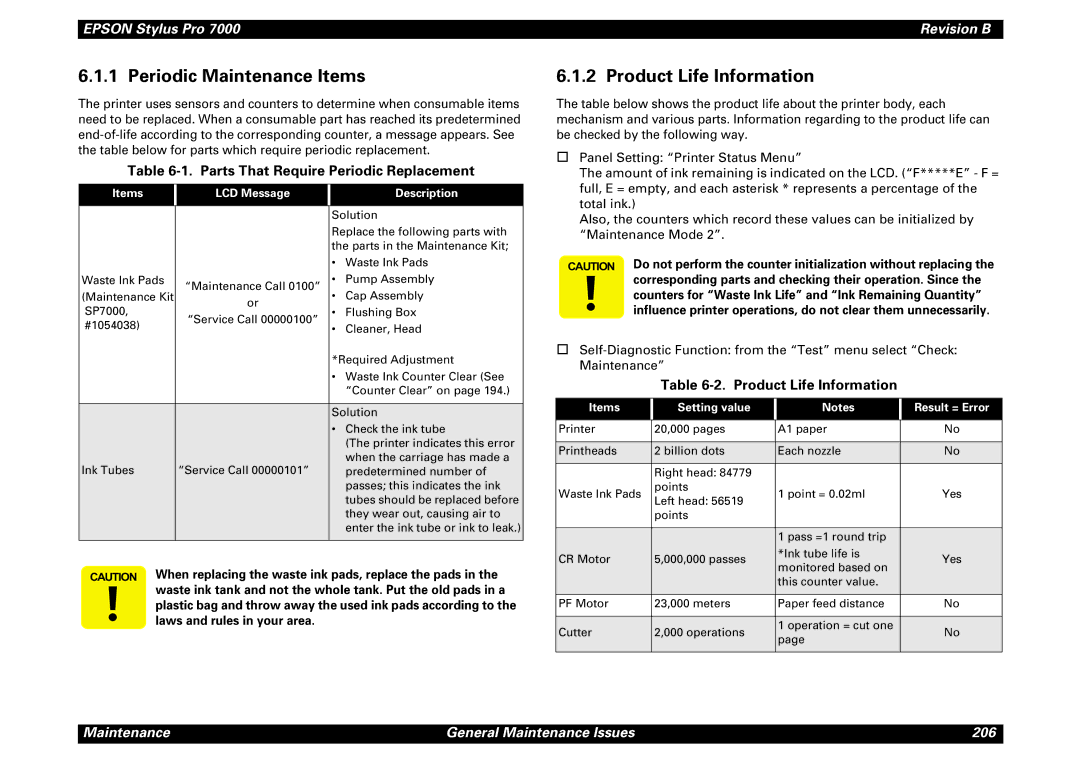 Epson 7000 service manual Periodic Maintenance Items, Product Life Information, Parts That Require Periodic Replacement 