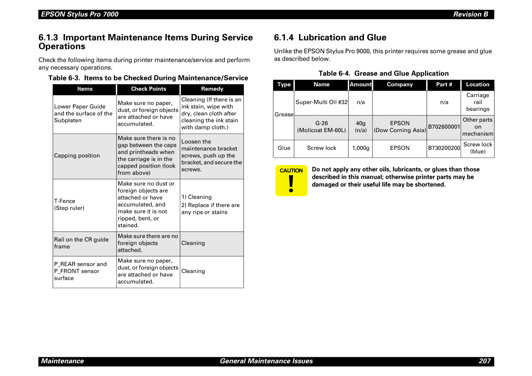 Epson 7000 Important Maintenance Items During Service Operations, Lubrication and Glue, Grease and Glue Application 