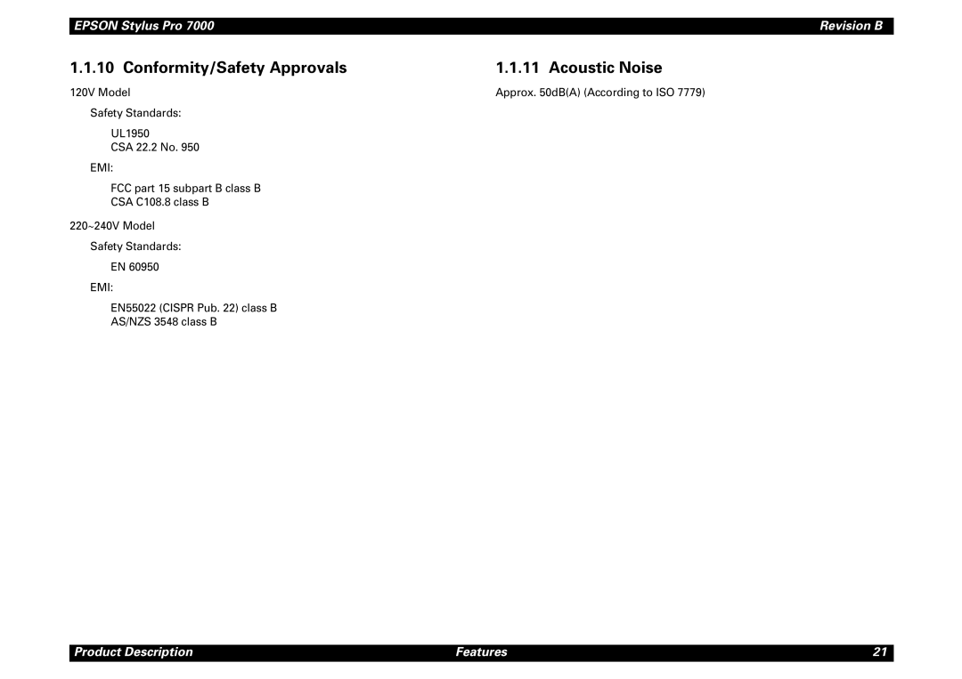 Epson 7000 service manual Conformity/Safety Approvals Acoustic Noise 