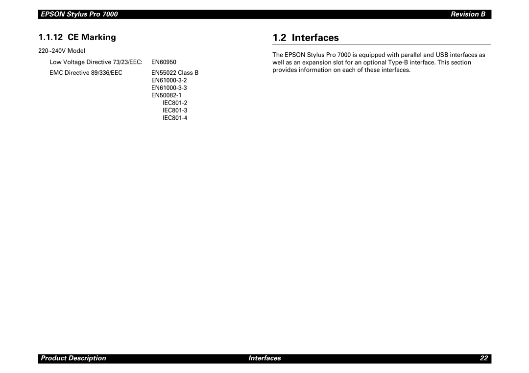 Epson 7000 service manual Interfaces, CE Marking 