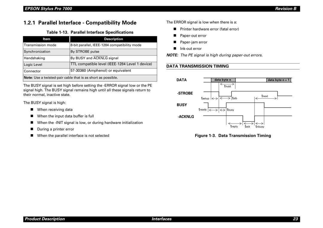 Epson 7000 Parallel Interface Compatibility Mode, Parallel Interface Specifications, Data Transmission Timing, Description 