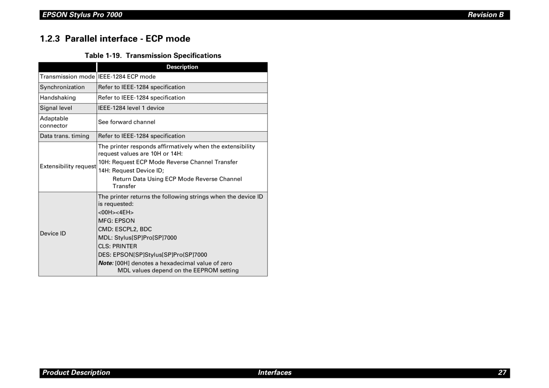 Epson 7000 service manual Parallel interface ECP mode, Transmission Specifications 