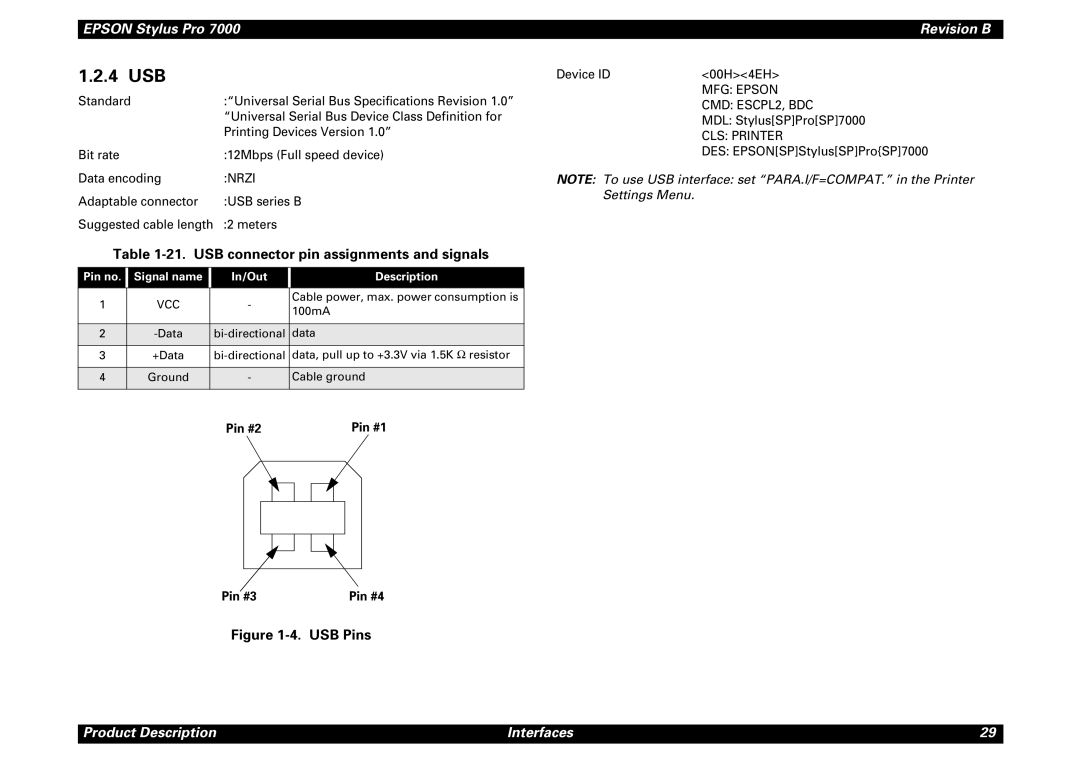 Epson 7000 4 USB, USB connector pin assignments and signals, Pin #2, Pin #3, Pin no Signal name In/Out Description 