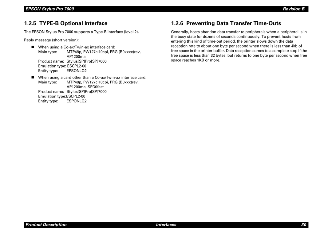 Epson 7000 service manual TYPE-B Optional Interface, Preventing Data Transfer Time-Outs 