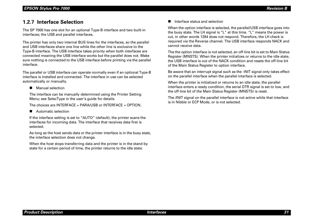 Epson 7000 service manual Interface Selection 