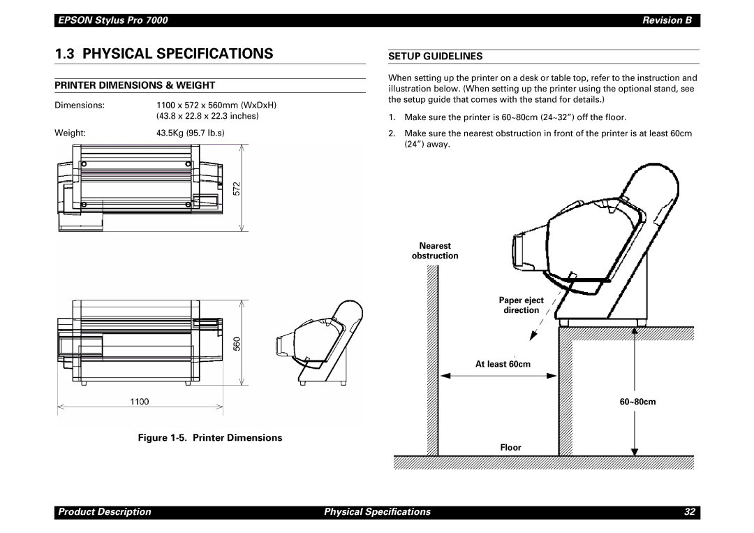 Epson 7000 service manual Printer Dimensions & Weight, Setup Guidelines 