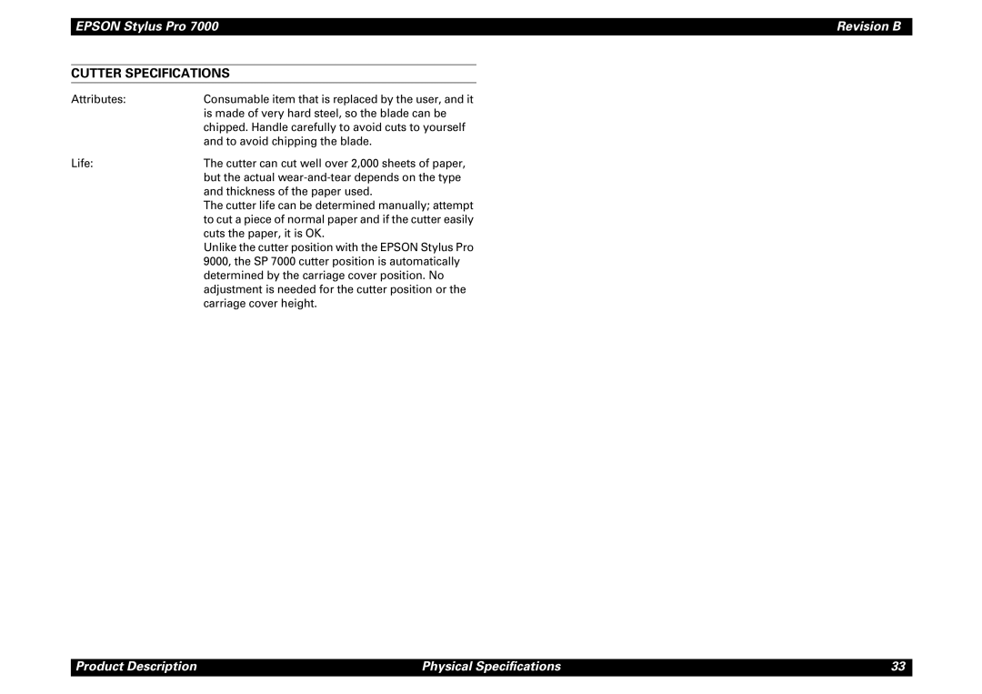 Epson 7000 service manual Cutter Specifications 