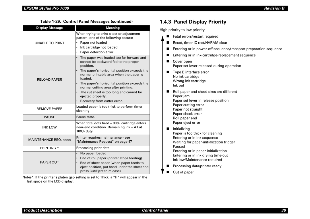 Epson 7000 service manual Panel Display Priority 