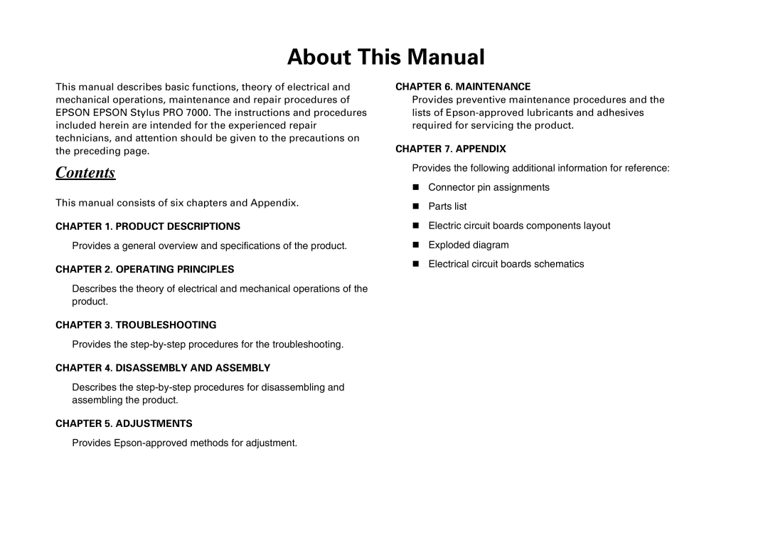 Epson 7000 service manual About This Manual 