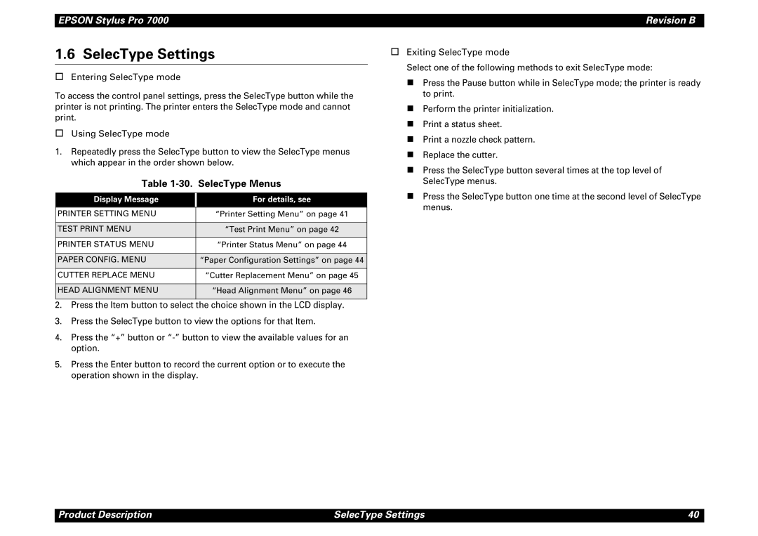 Epson 7000 service manual SelecType Settings, SelecType Menus, Display Message For details, see 