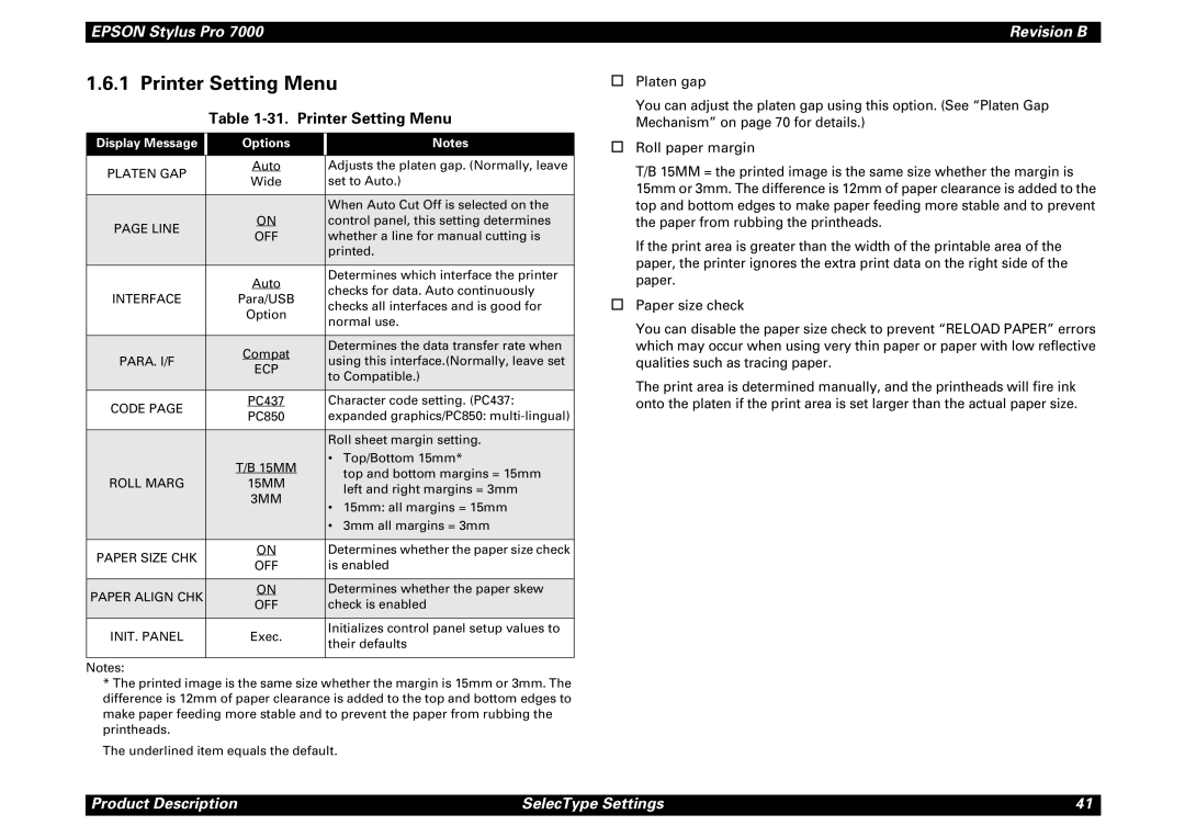 Epson 7000 service manual Printer Setting Menu, Display Message Options 