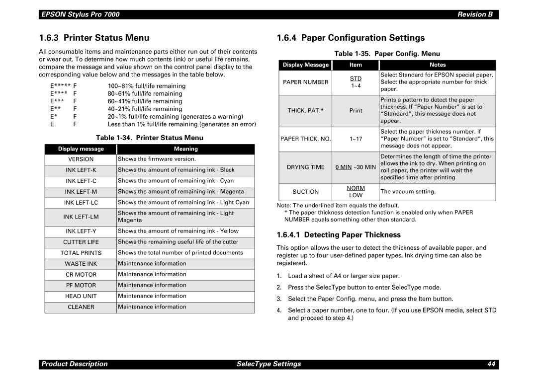 Epson 7000 service manual Printer Status Menu, Paper Configuration Settings, Detecting Paper Thickness, Paper Config. Menu 