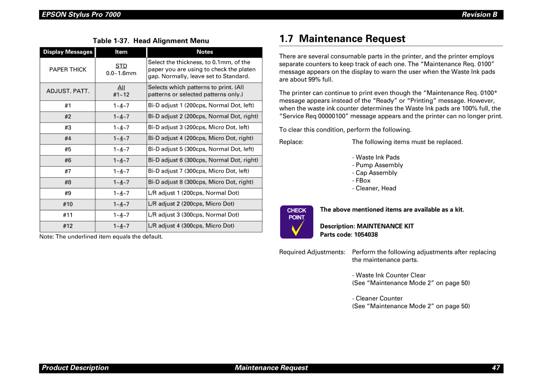 Epson 7000 service manual Maintenance Request, Head Alignment Menu, Display Messages, ADJUST. Patt 
