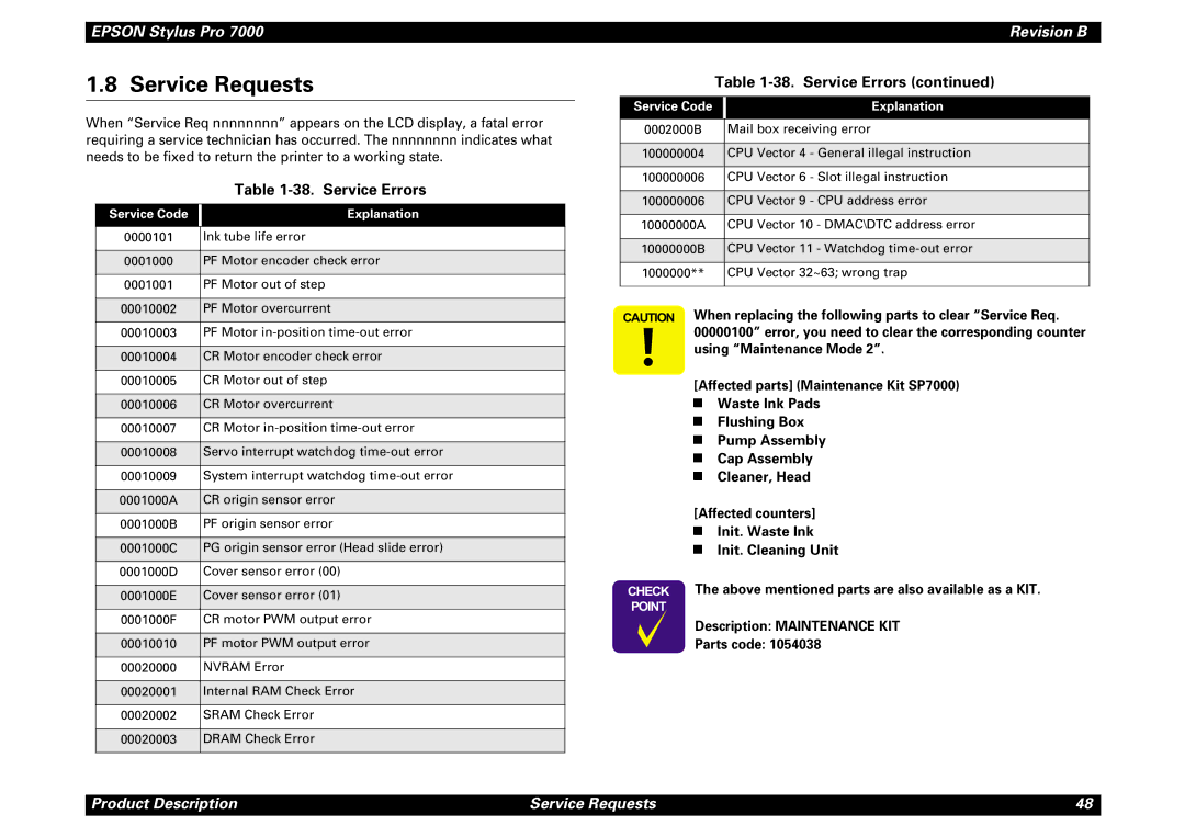 Epson 7000 service manual Service Requests, Service Errors, Service Code Explanation 