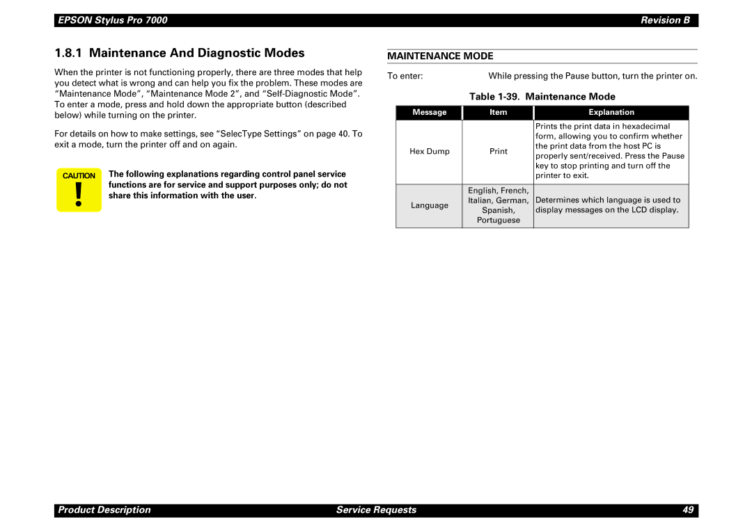 Epson 7000 Maintenance And Diagnostic Modes, Maintenance Mode, Following explanations regarding control panel service 