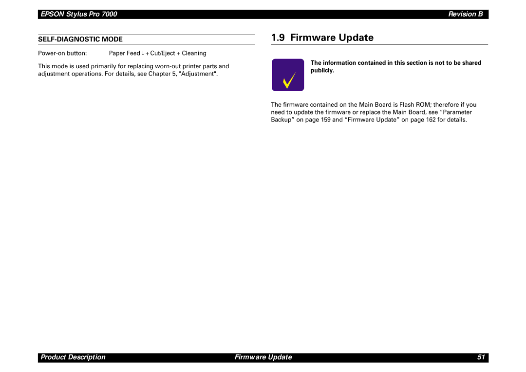 Epson 7000 service manual Firmware Update, SELF-DIAGNOSTIC Mode, Information contained in this section is not to be shared 