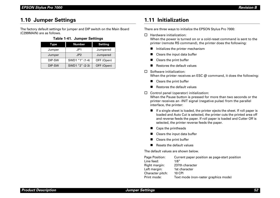 Epson 7000 service manual Jumper Settings, Initialization, Type Number Setting 