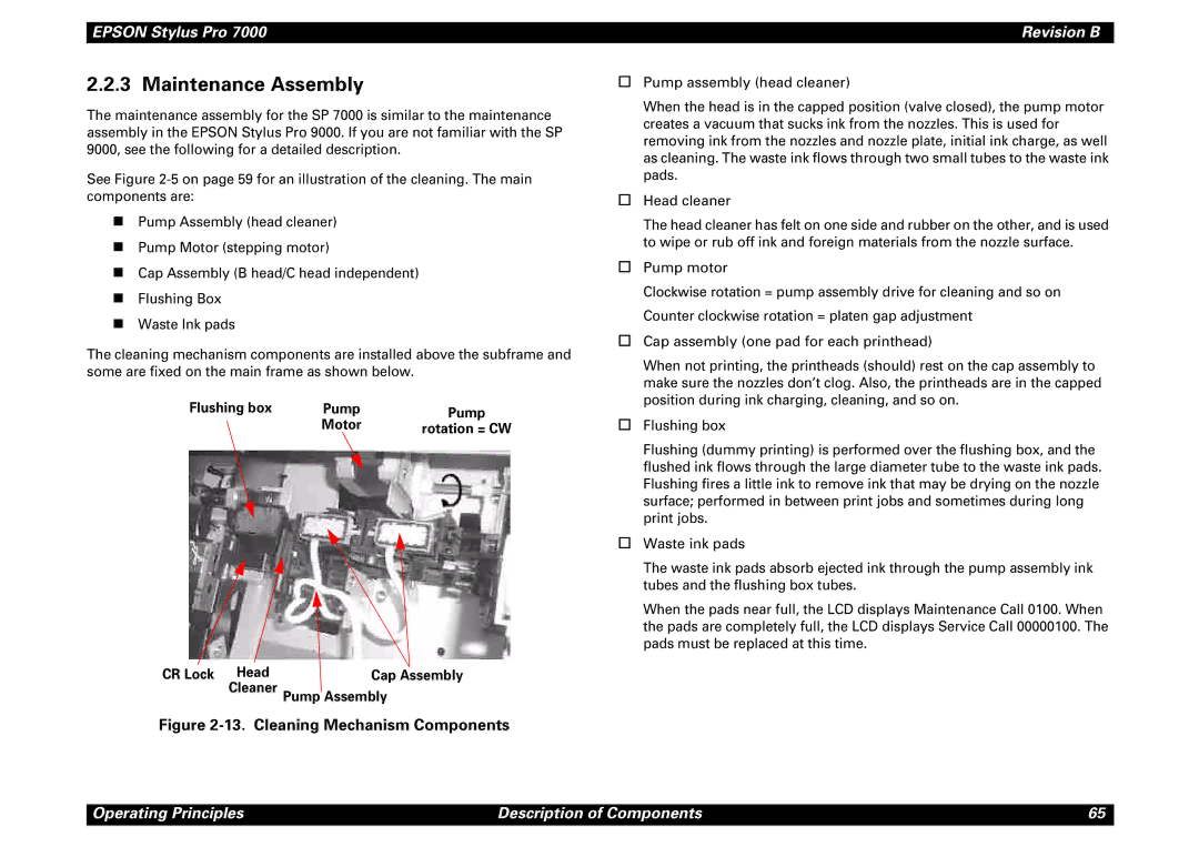 Epson 7000 service manual Maintenance Assembly, Flushing box Pump, CR Lock HeadCap Assembly Cleaner Pump Assembly 