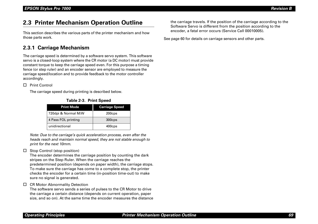 Epson 7000 service manual Printer Mechanism Operation Outline, Carriage Mechanism, Print Speed, Print Mode Carriage Speed 