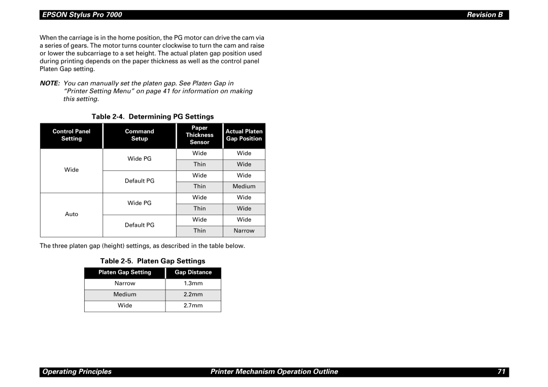 Epson 7000 service manual Determining PG Settings, Platen Gap Settings, Control Panel Command Paper Actual Platen 