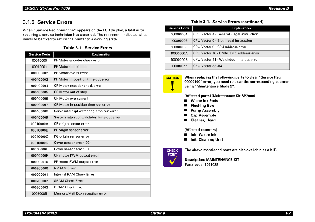 Epson 7000 service manual Service Errors 