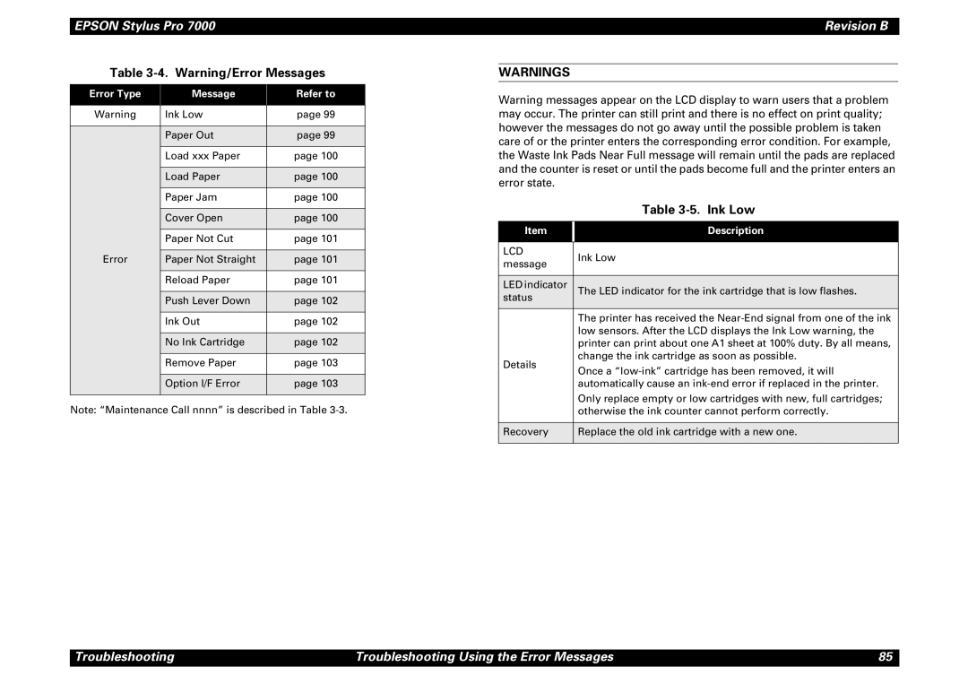 Epson 7000 service manual Ink Low, Error Type Message Refer to, Lcd 