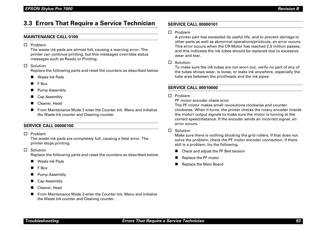 Epson 7000 service manual Errors That Require a Service Technician, Maintenance Call, Service Call 