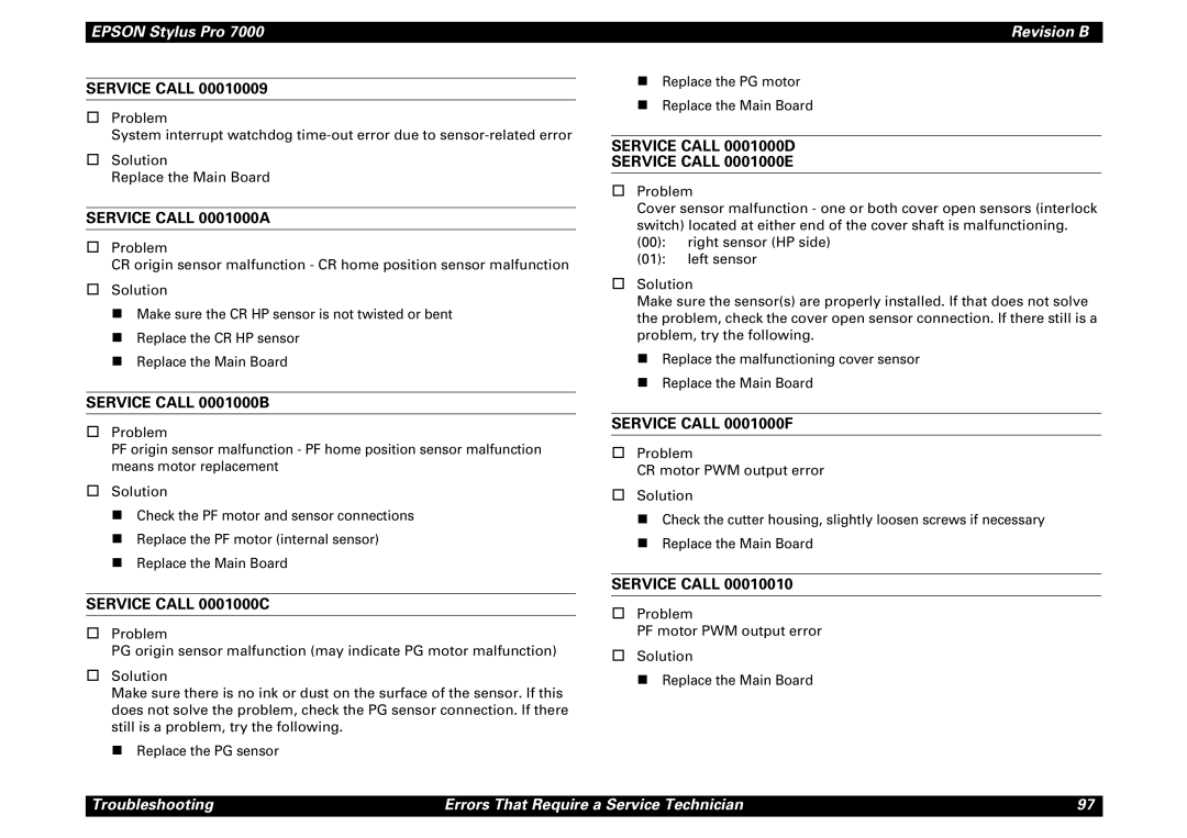 Epson 7000 service manual Service Call 0001000A, Service Call 0001000B, Service Call 0001000C, Service Call 0001000F 