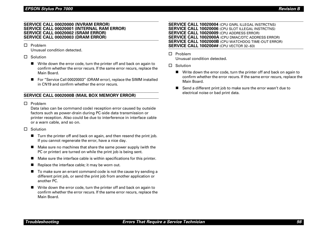 Epson 7000 service manual Service Call 0002000B Mail BOX Memory Error 