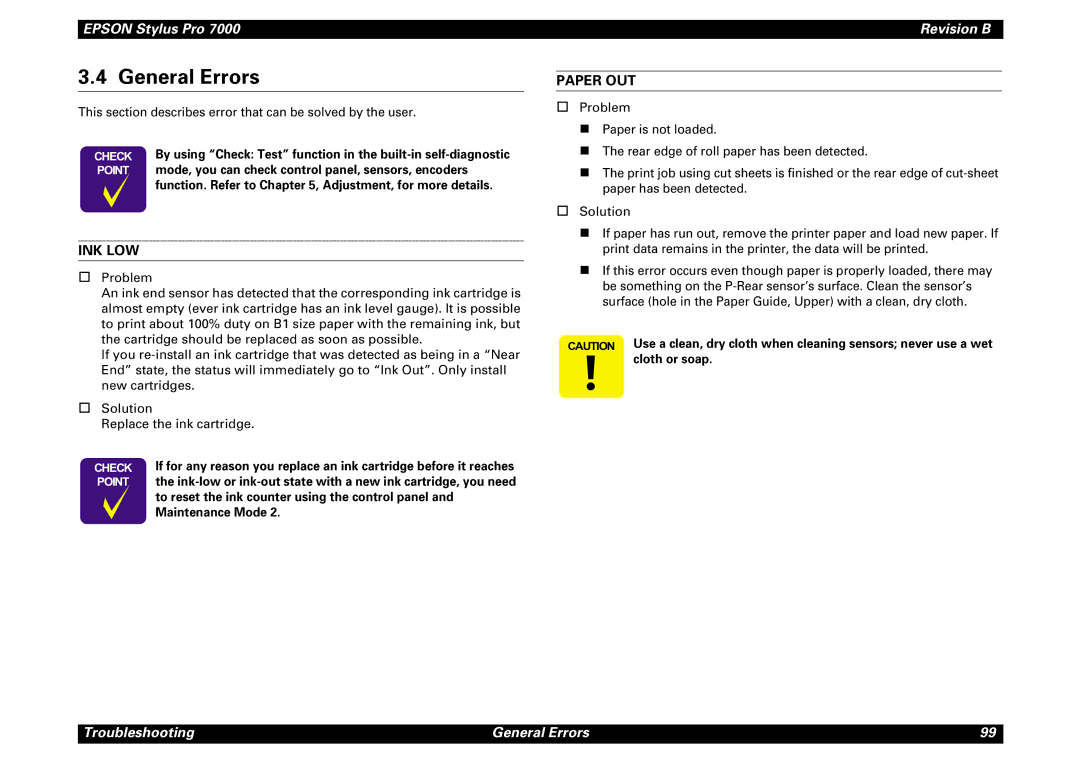 Epson 7000 service manual General Errors, Ink Low, Paper OUT 