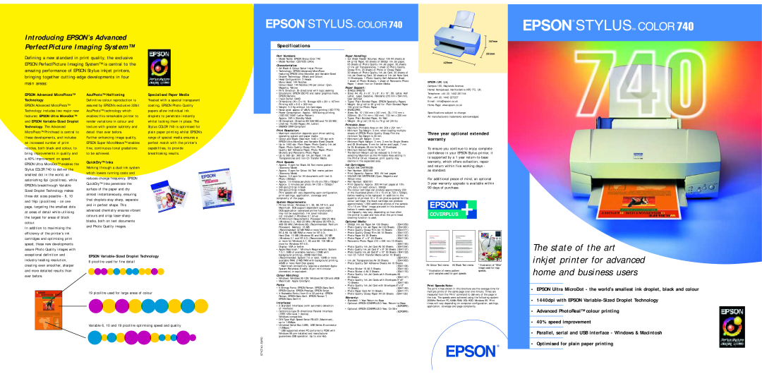Epson 740 specifications The state of the art, inkjet printer for advanced home and business users, Coverplus 