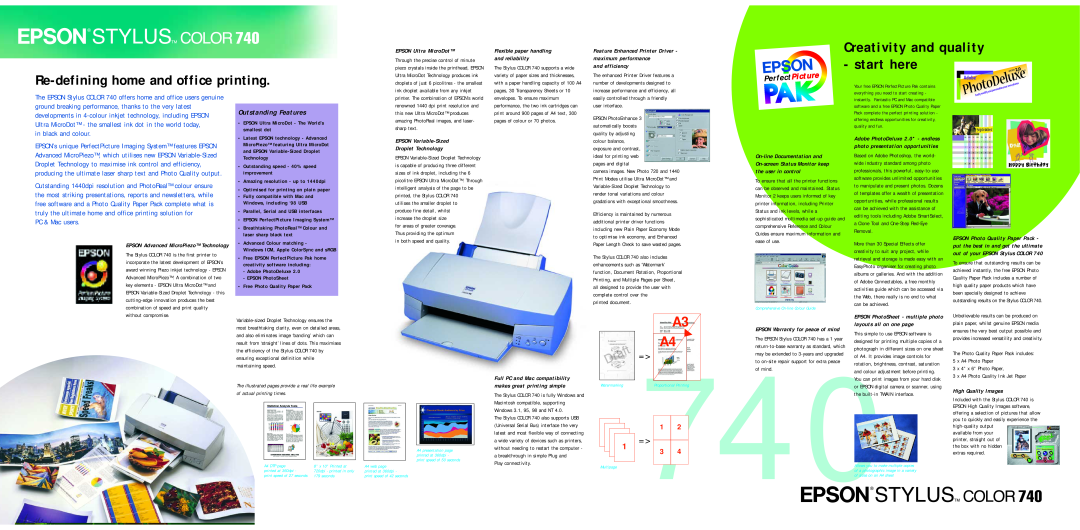 Epson 740 start here, Re-defining home and office printing, Creativity and quality, Outstanding Features, PC & Mac users 