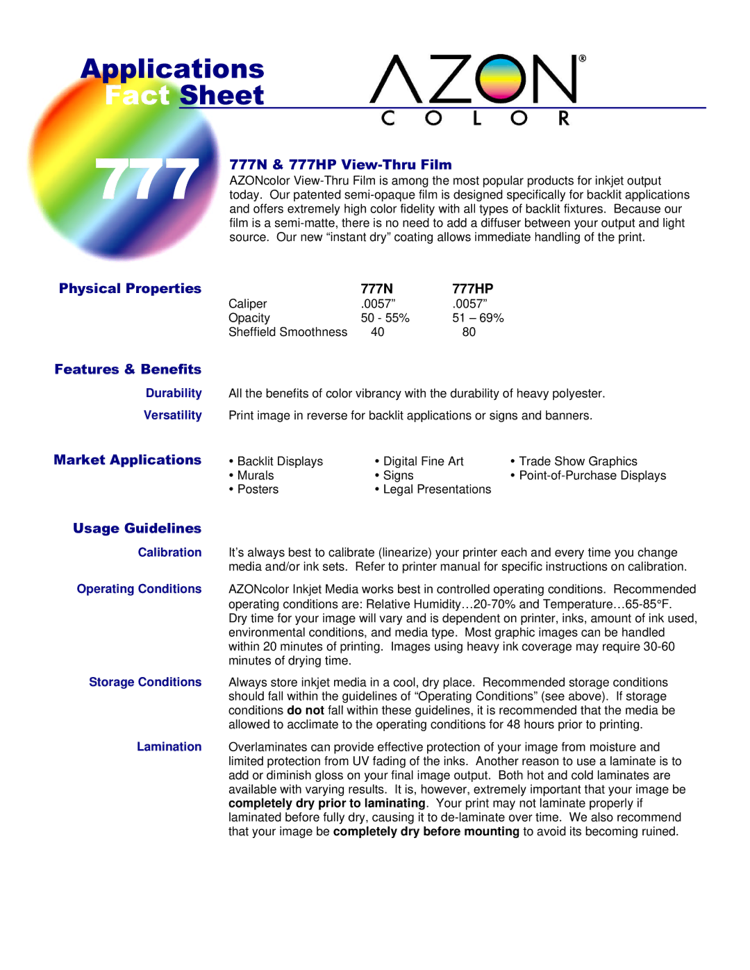 Epson manual 777N & 777HP View-Thru Film, Physical Properties, Usage Guidelines, Features & Benefits 