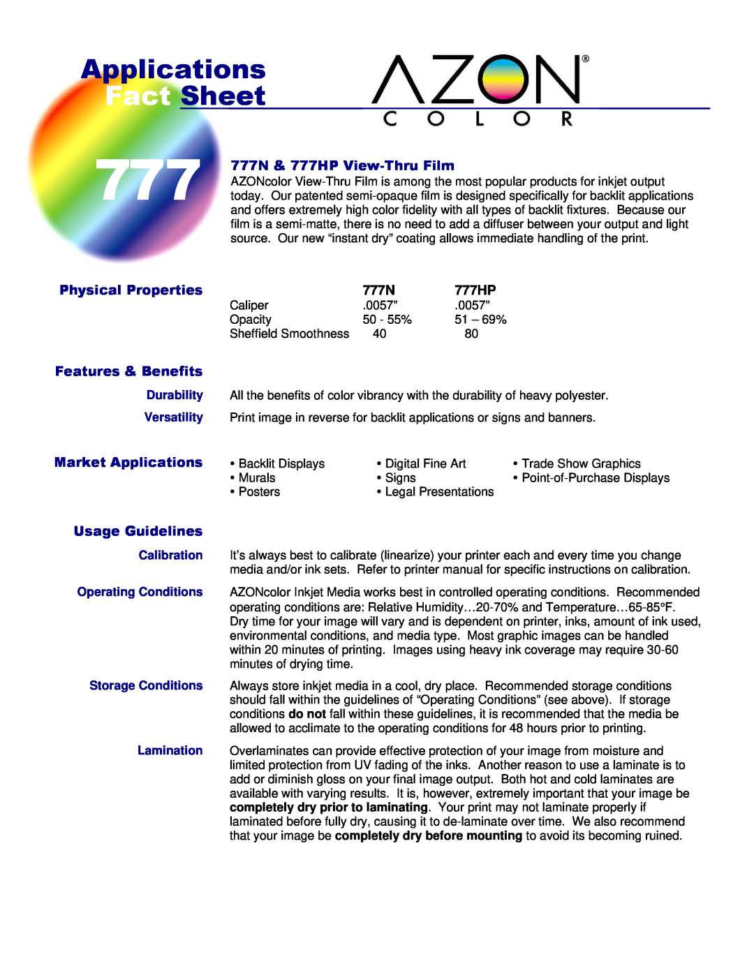 Epson manual Applications, Durability, Versatility, Fact Sheet, 777N & 777HP View-Thru Film, Physical Properties 