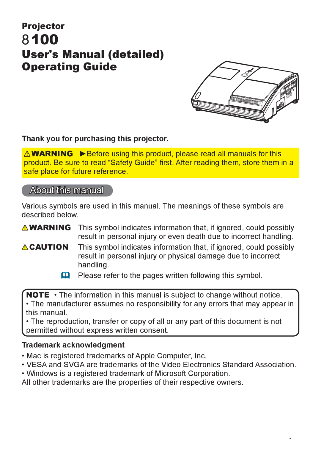 Epson 8100 user manual About this manual, Thank you for purchasing this projector, Trademark acknowledgment 