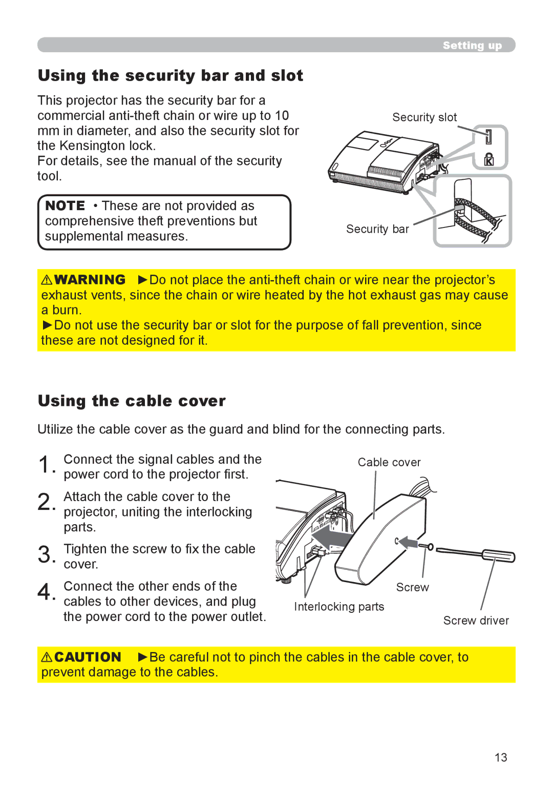 Epson 8100 user manual Using the security bar and slot, Using the cable cover 