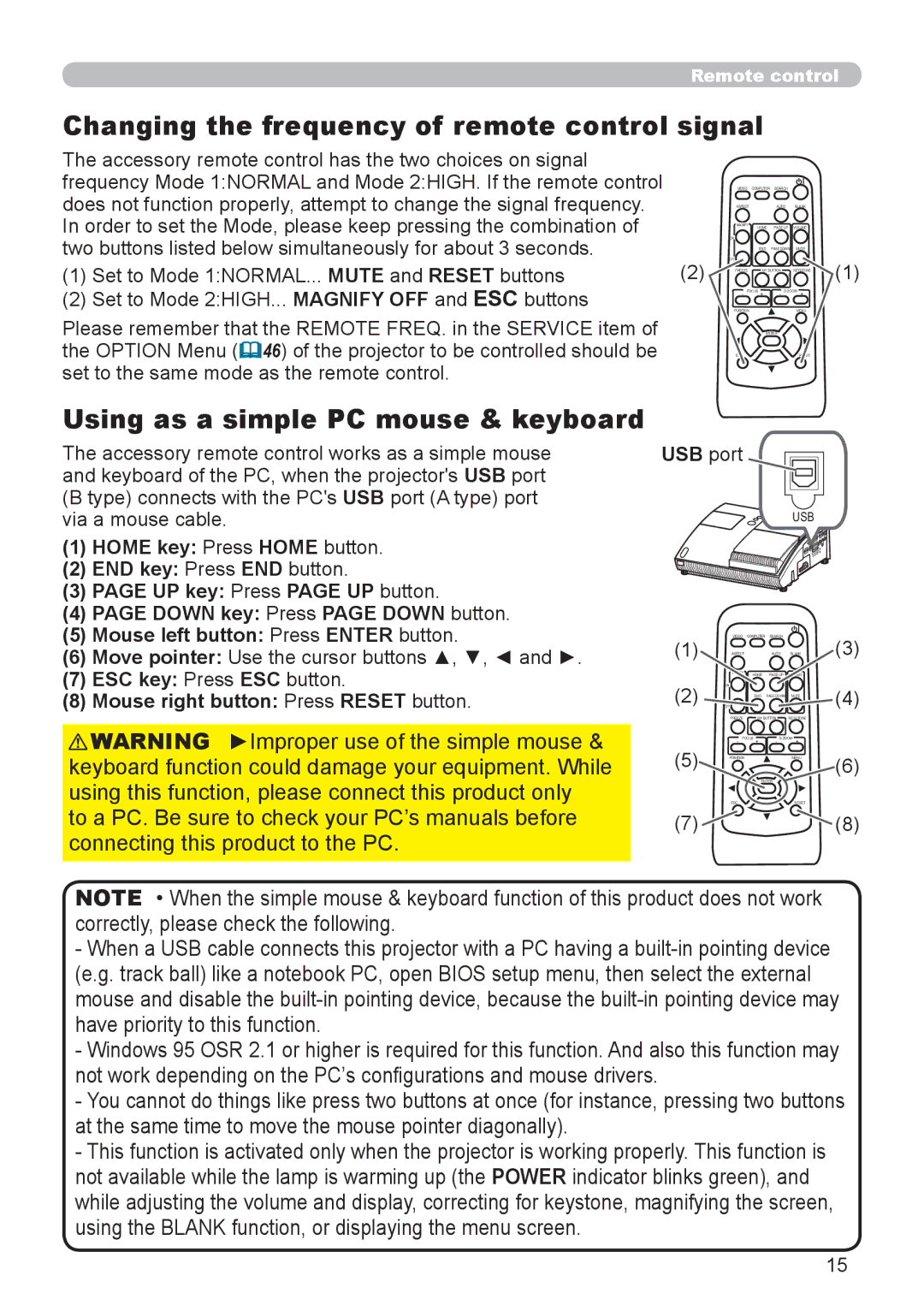 Epson 8100 user manual Changing the frequency of remote control signal, Using as a simple PC mouse & keyboard 