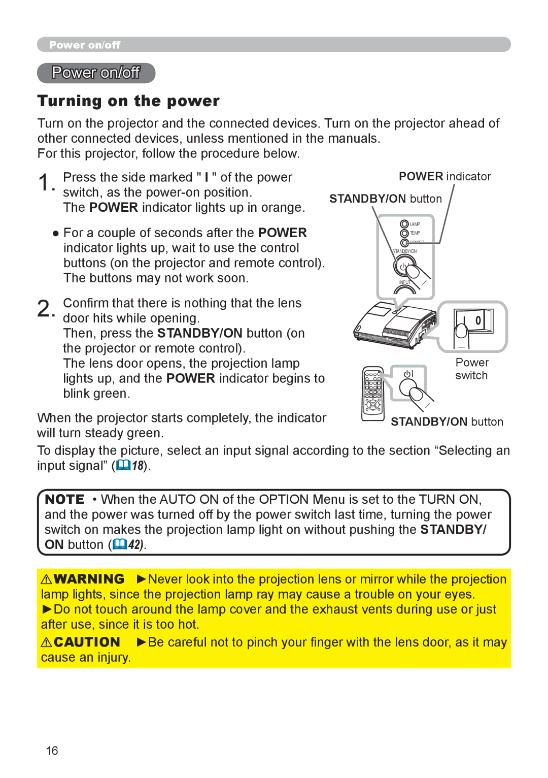 Epson 8100 user manual Power on/off, Turning on the power, STANDBY/ON button 