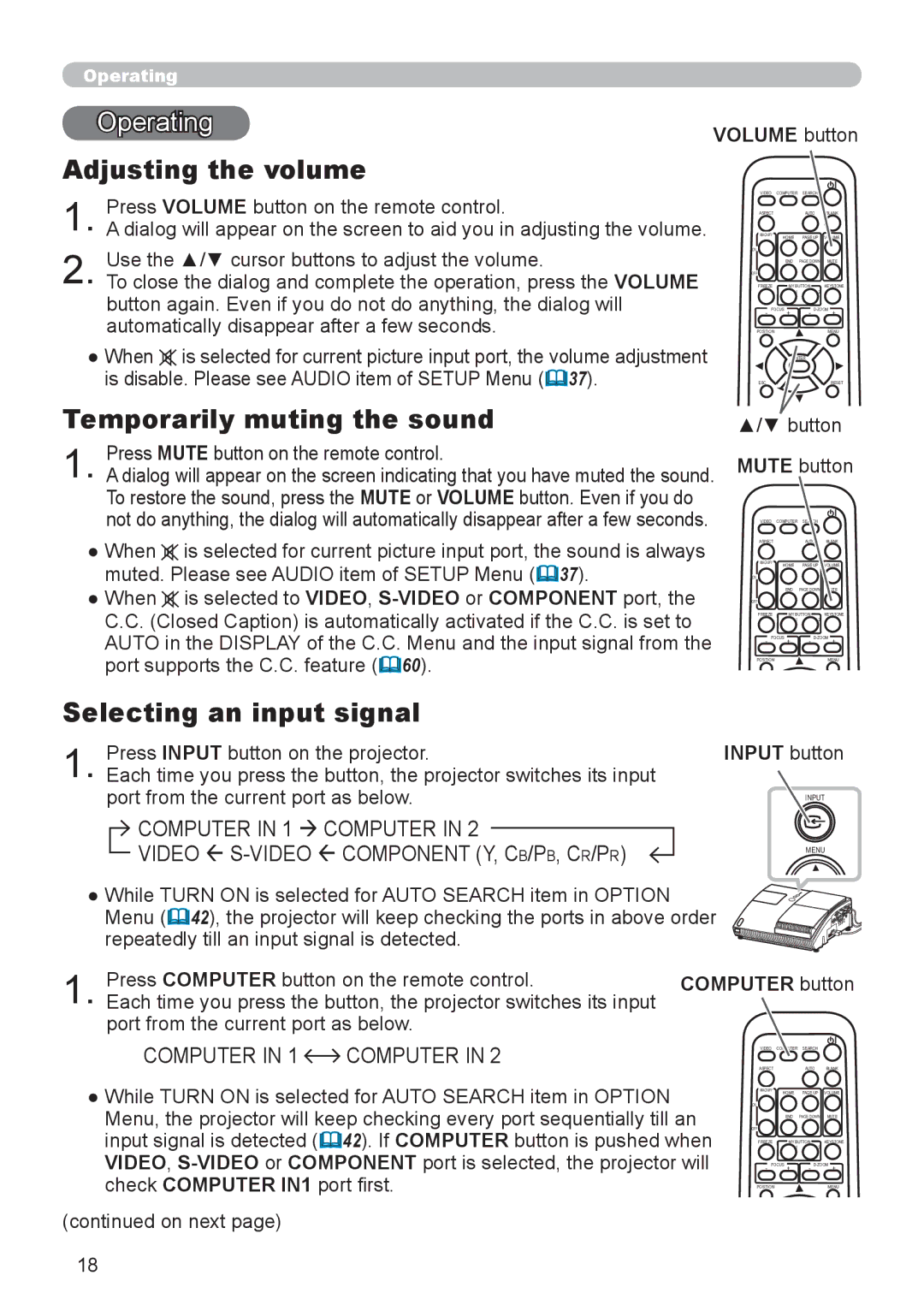 Epson 8100 user manual Operating, Adjusting the volume, Temporarily muting the sound, Selecting an input signal 