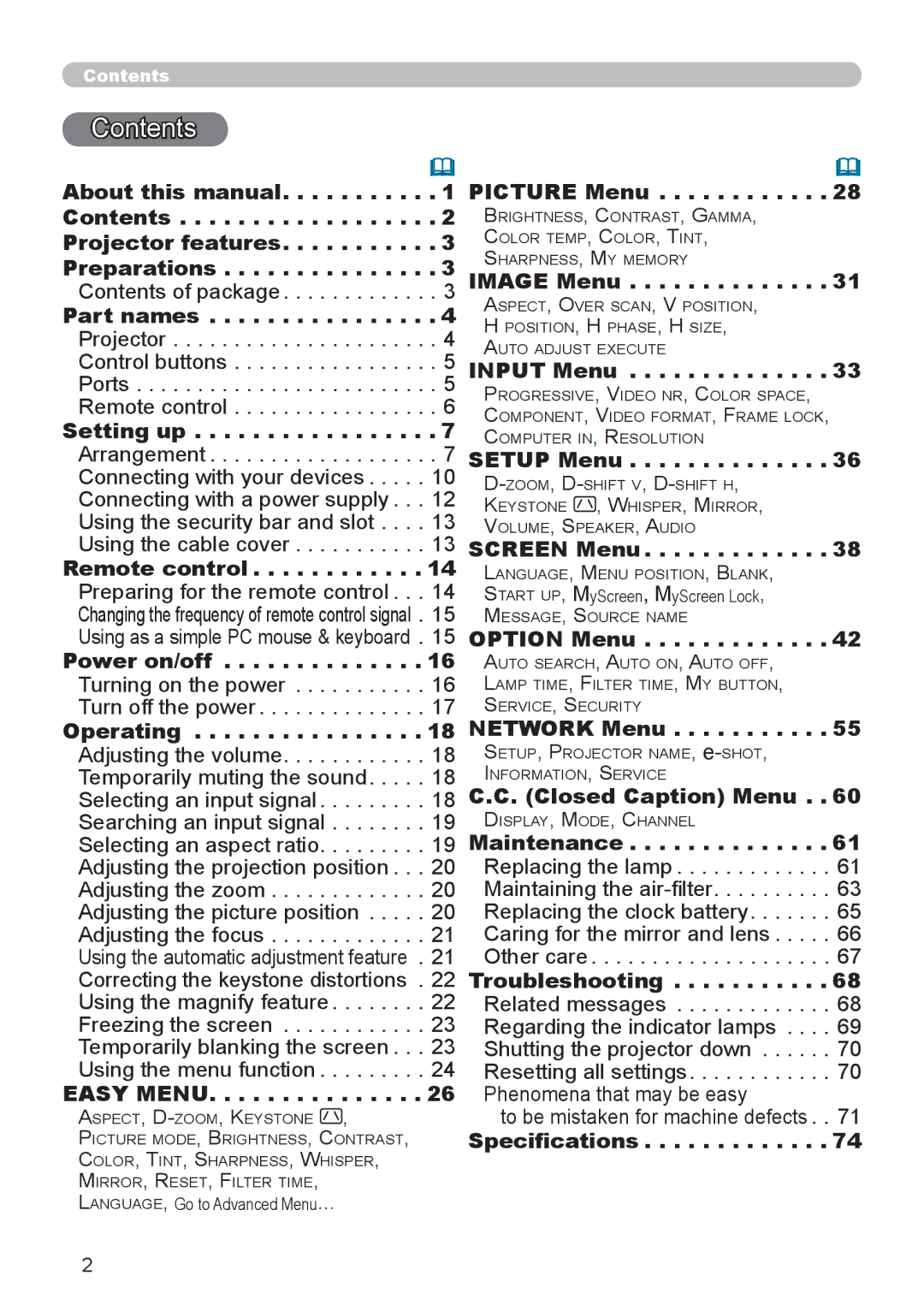 Epson 8100 user manual Contents 