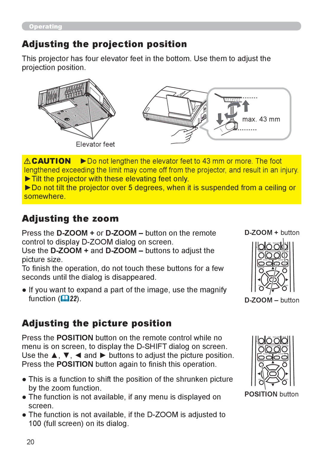 Epson 8100 user manual Adjusting the projection position, Adjusting the zoom, Adjusting the picture position 