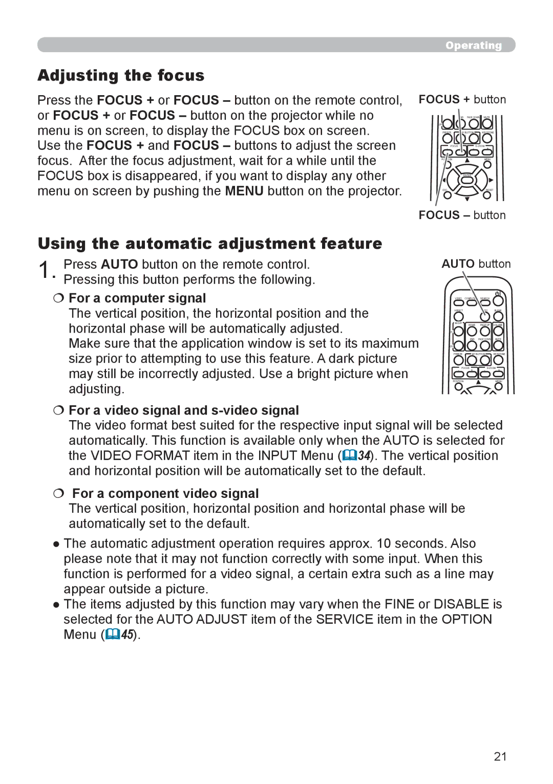 Epson 8100 user manual Adjusting the focus, Using the automatic adjustment feature,  For a computer signal 