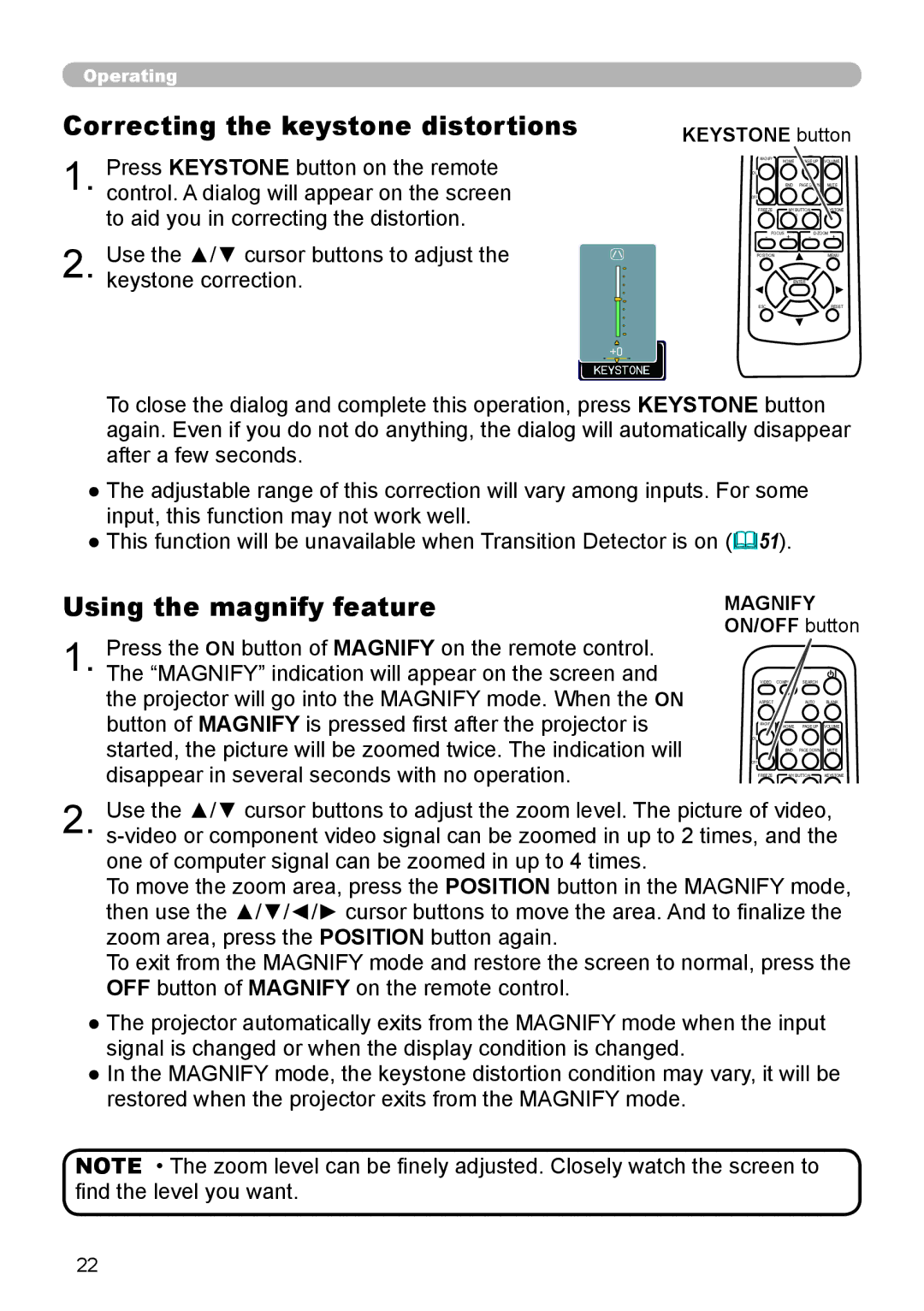 Epson 8100 Correcting the keystone distortions, Using the magnify feature, Keystone button, Magnify ON/OFF button 