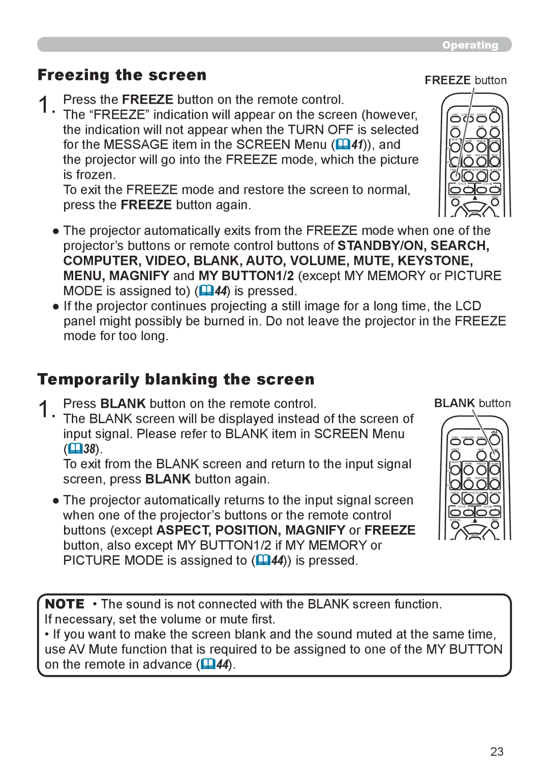 Epson 8100 user manual Freezing the screen, Temporarily blanking the screen, Freeze button, Blank button 