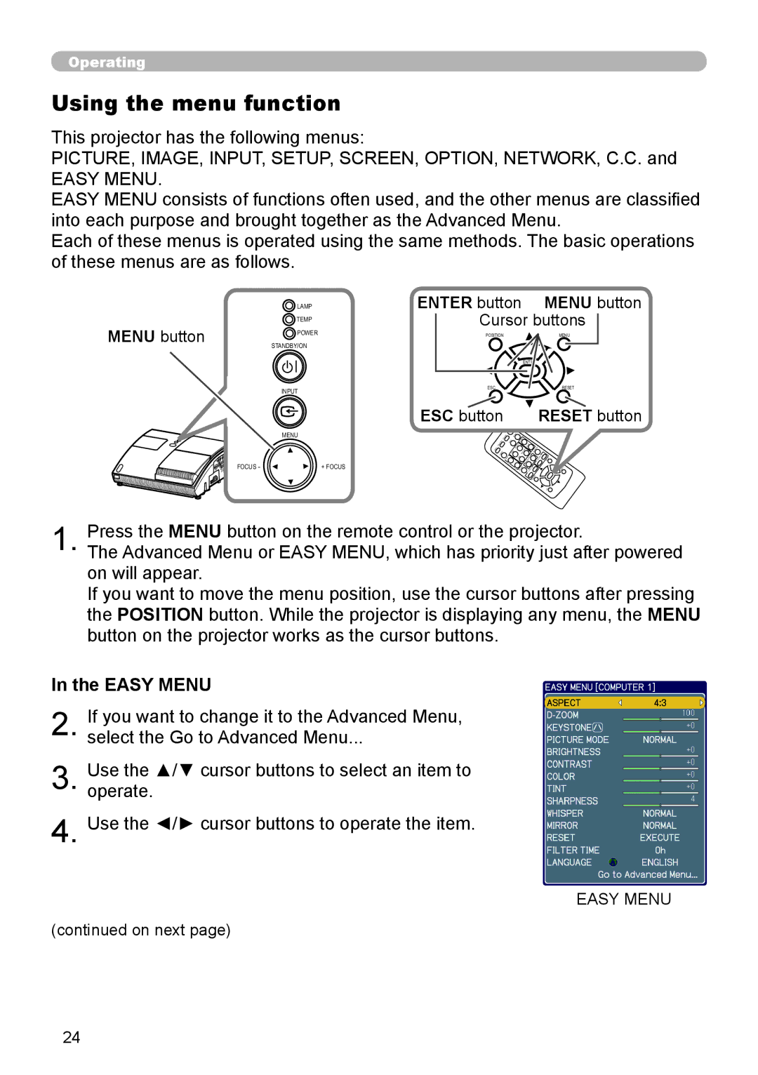 Epson 8100 user manual Using the menu function, Easy Menu, Enter button, Reset button 