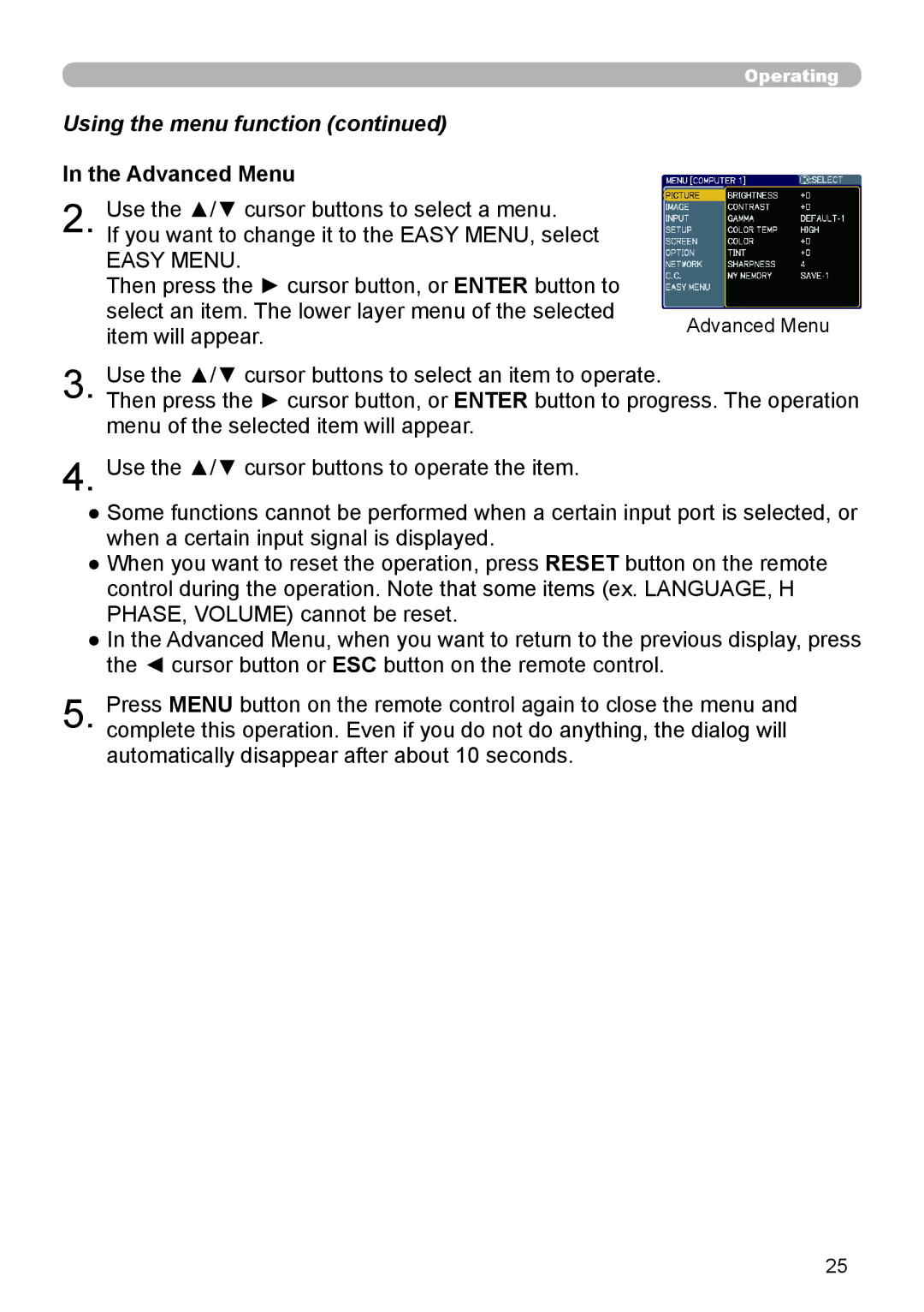 Epson 8100 user manual Using the menu function, Advanced Menu 