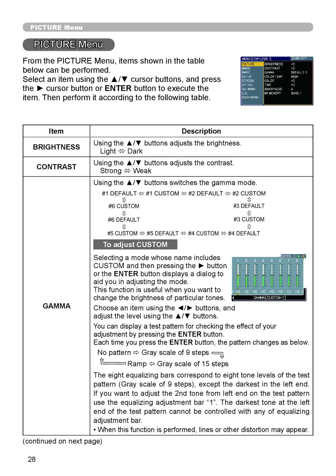 Epson 8100 user manual Picture Menu, Gamma 