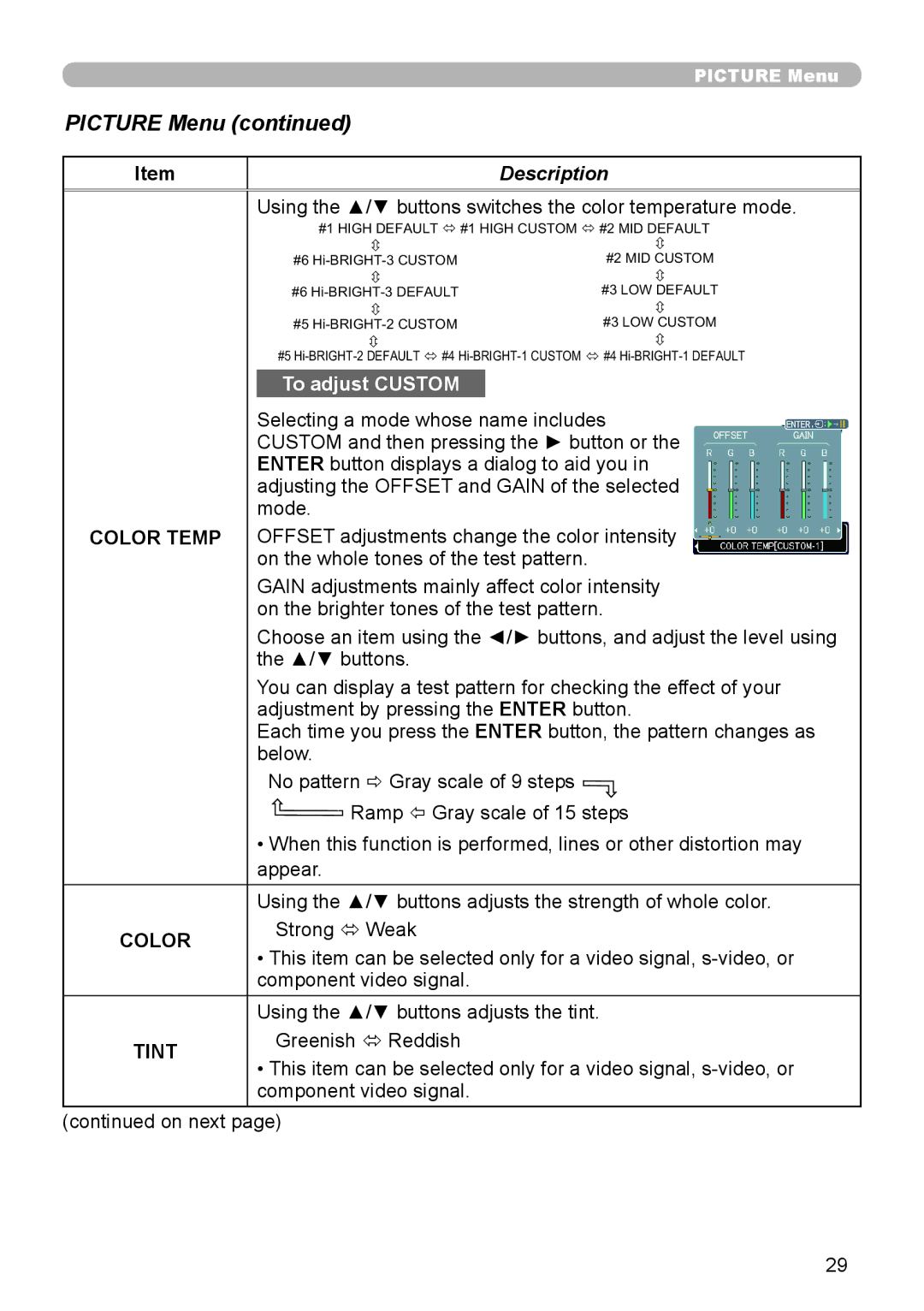 Epson 8100 user manual Picture Menu, Color Temp 